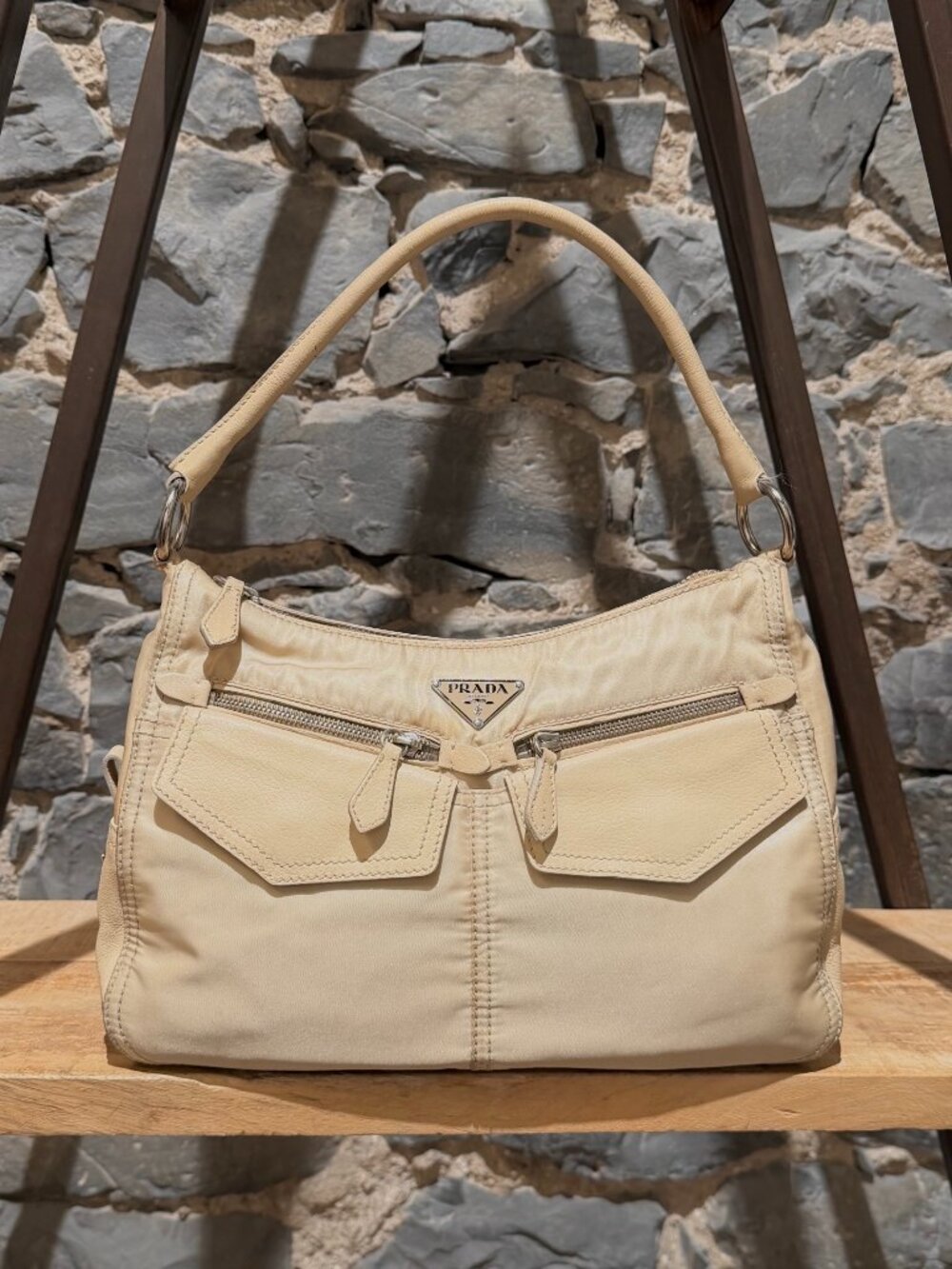 Prada Vintage Beige Tessuto Buffoalo Leather Cargo Pockets Shoulder Bag